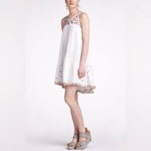 Anthropologie Leifnotes White Eyelet Gold Trim Beaded Sleeveless Dress Size 6